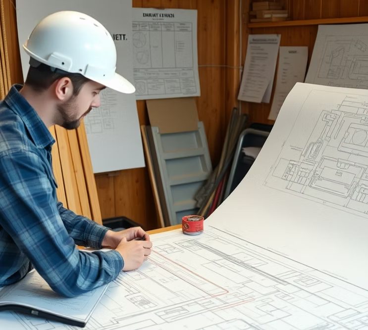 Draftsman reviewing ADU construction plans at AE Drafting